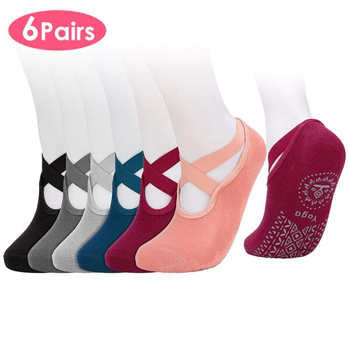 6 Packs Women Yoga Socks with Straps Non-Slip Grips for Pilates Pure Hospital Walking Dance Indoor - Multi