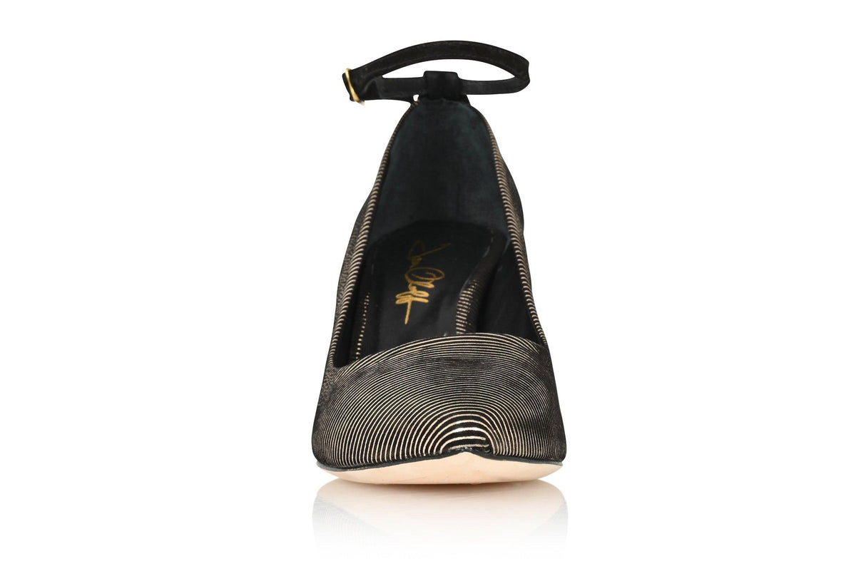 Destiny Striped Gold/Black Suede by Joan Oloff Shoes - Vysn