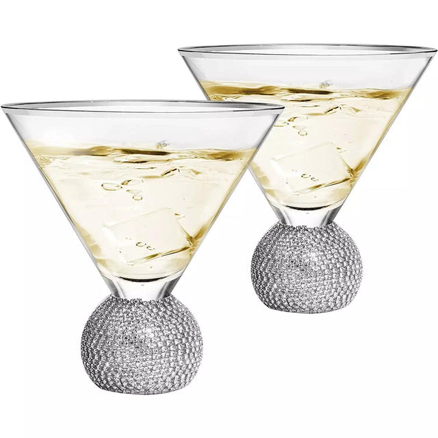 Diamond Studded Martini Glasses Set of 2 - The Wine Savant - Silver Rimmed Modern Cocktail Glass, Rhinestone Diamonds With Stemless Crystal Ball Base, Bar or Party 10.5oz, Swarovski Style Crystals by The Wine Savant - Vysn