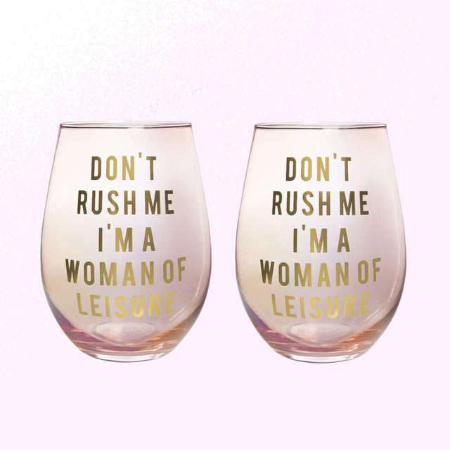 Don't Rush Me, I'm a Woman Of Leisure Stemless Wine Glass in Rose and Gold | 20 0z. | Set of 2 by The Bullish Store - Vysn