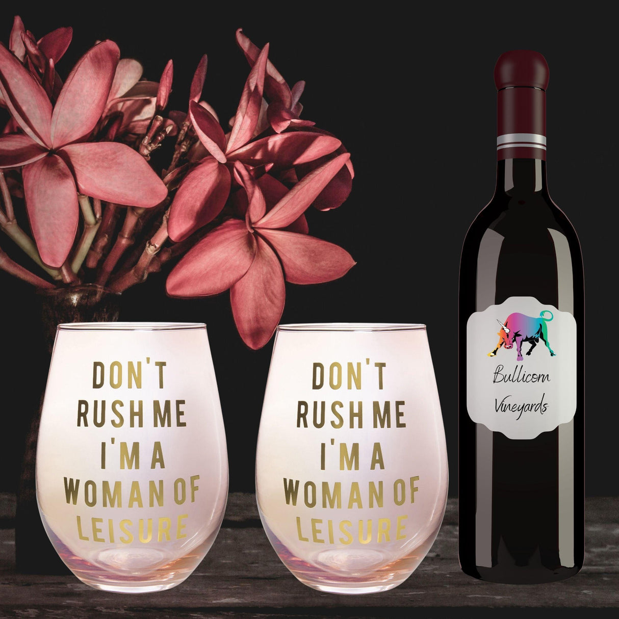 Don't Rush Me, I'm a Woman Of Leisure Stemless Wine Glass in Rose and Gold | 20 0z. | Set of 2 by The Bullish Store - Vysn