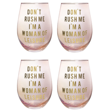 Don't Rush Me, I'm a Woman Of Leisure Stemless Wine Glass in Rose and Gold | 20 0z. | Set of 4 by The Bullish Store - Vysn