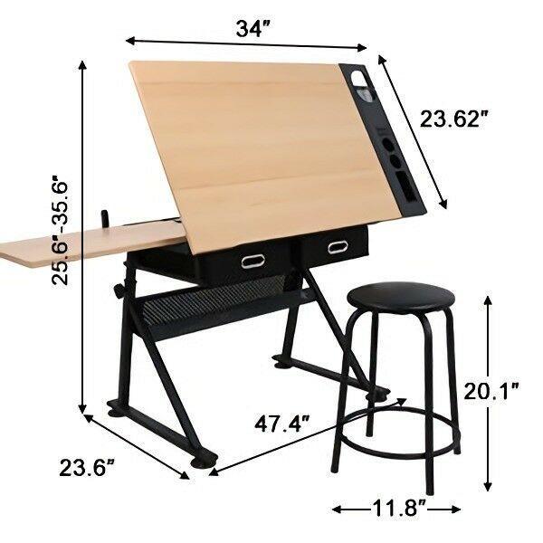 Drafting Drawing Table Tiltable Tabletop, Adjustable Height, Edge Stopper by Quality Home Distribution - Vysn