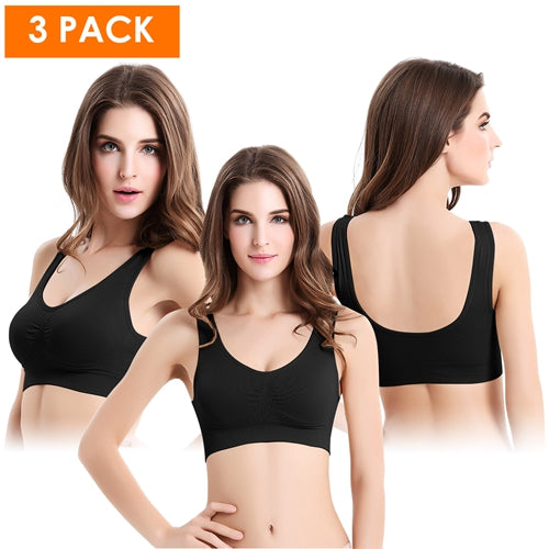 3 Pack Sport Bras For Women Seamless Wire-free Bra Light Support Tank Tops For Fitness Workout Sports Yoga Sleep Wearing - Black - XL