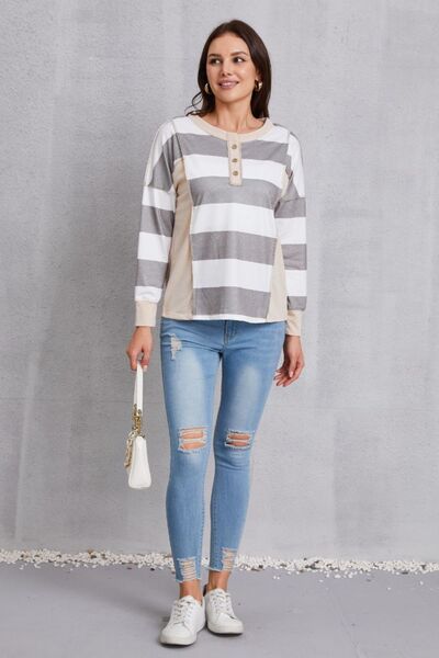 Striped Exposed Seam Buttoned T-Shirt