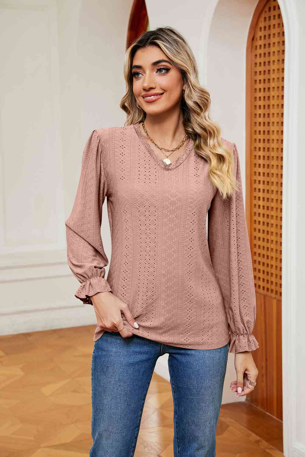 V-Neck Flounce Sleeve Blouse