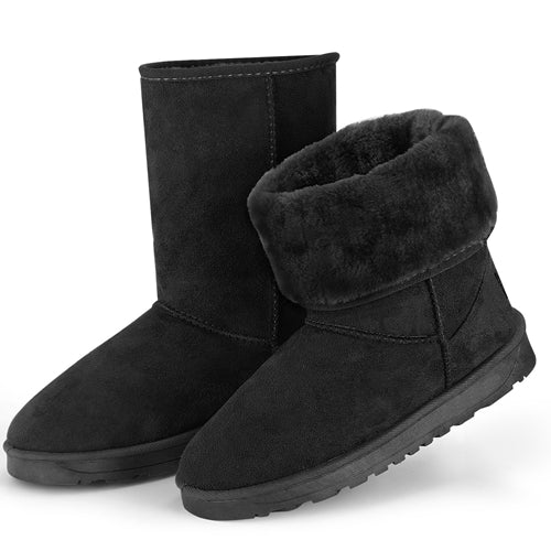 Women Ladies Snow Boots Waterproof Faux Suede Mid-Calf Boots Fur Warm Lining Shoes - Black - 7