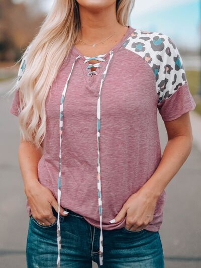 Lace-Up Leopard Short Sleeve T-Shirt