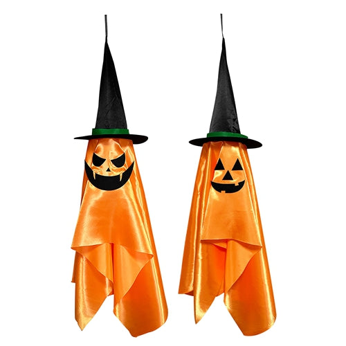 2 Pack Hanging Ghosts with Wizard Hat Snicker Scary Face Halloween Party Hanging Decorations Pumpkin Wizard Hat for Eave Tree Porch