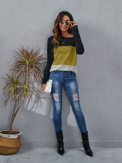 Color Block Round Neck Long Sleeve T-Shirt