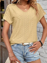 Eyelet V-Neck Short Sleeve T-Shirt