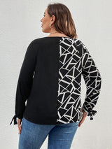 Plus Size Geometric V-Neck Long Sleeve T-Shirt