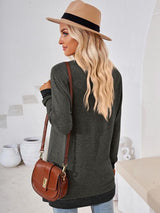 Crochet Contrast V-Neck Long Sleeve Slit T-Shirt