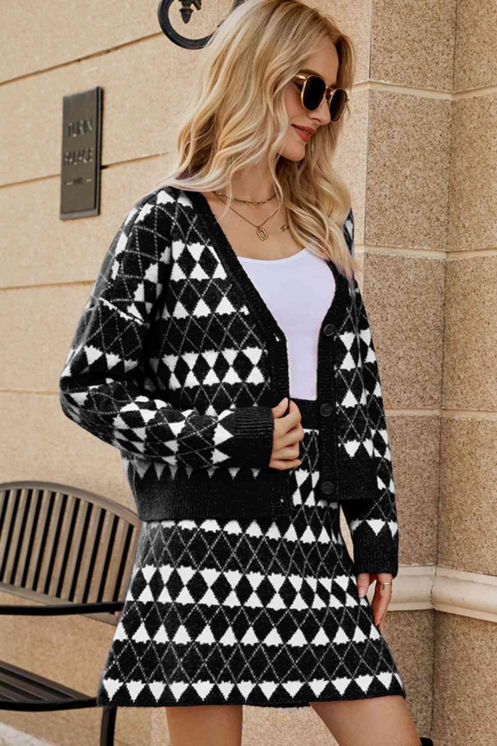 Geometric Dropped Shoulder Cardigan and Knit Skirt Set