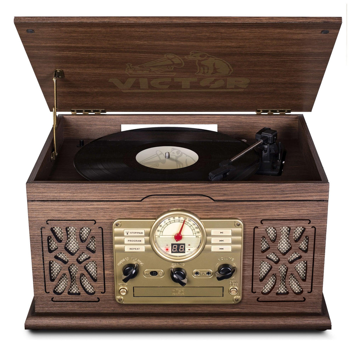 State 7-in-1 Wood Music Center with 3-Speed Turntable & Dual Bluetooth - Vysn