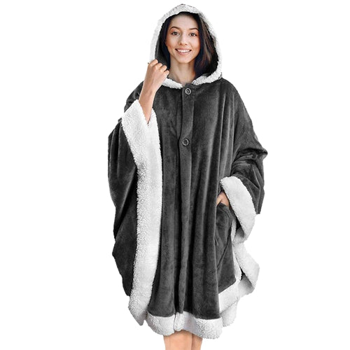 Hoodie Blanket Wrap Wearable Hoodie Snuggle Robe Sweatshirt Soft Lined Cuddle Poncho Cape w/ Hat 2 Pockets Buttons - Gray