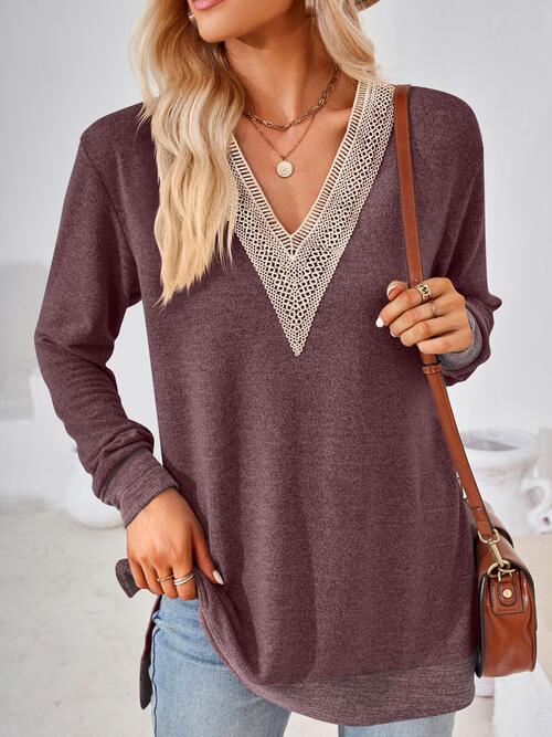 Crochet Contrast V-Neck Long Sleeve Slit T-Shirt