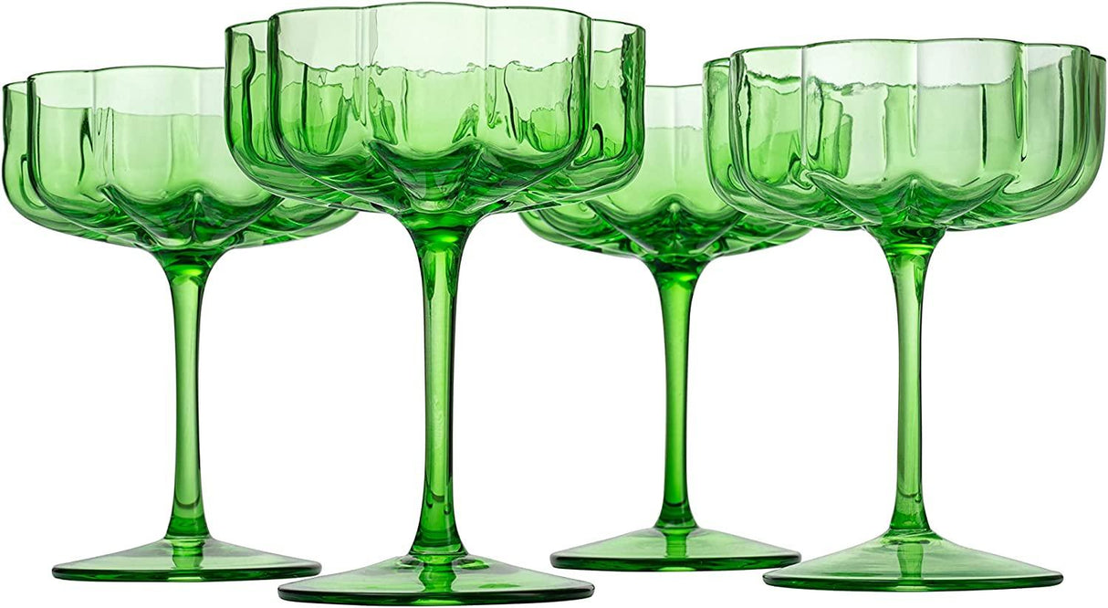 Flower Vintage Wavy Petals Wave Glass Coupes 7oz Colorful Cocktail, - Set of 4 - Rippled & Champagne Glasses, Prosecco, Martini, Mimosa, Cocktail Set, Bar Glassware Copyright & Patent Pending (Green) by The Wine Savant - Vysn