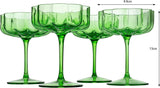 Flower Vintage Wavy Petals Wave Glass Coupes 7oz Colorful Cocktail, - Set of 4 - Rippled & Champagne Glasses, Prosecco, Martini, Mimosa, Cocktail Set, Bar Glassware Copyright & Patent Pending (Green) by The Wine Savant - Vysn