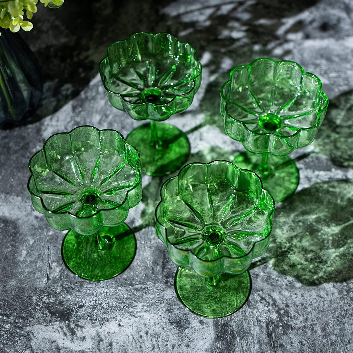 Flower Vintage Wavy Petals Wave Glass Coupes 7oz Colorful Cocktail, - Set of 4 - Rippled & Champagne Glasses, Prosecco, Martini, Mimosa, Cocktail Set, Bar Glassware Copyright & Patent Pending (Green) by The Wine Savant - Vysn