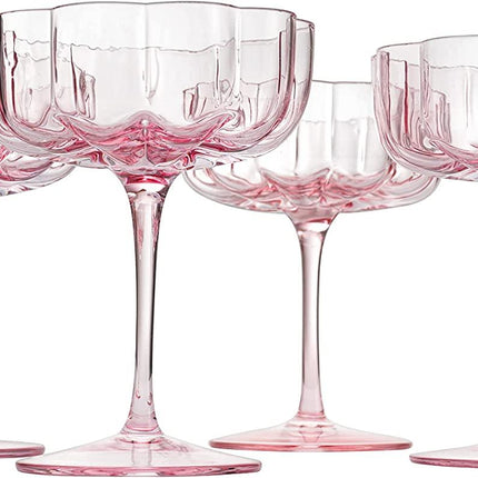 Flower Vintage Wavy Petals Wave Glass Coupes 7oz Colorful Cocktail, - Set of 4 - Rippled & Champagne Glasses, Prosecco, Martini, Mimosa, Cocktail Set, Bar Glassware Copyright & Patent Pending (Pink) by The Wine Savant - Vysn