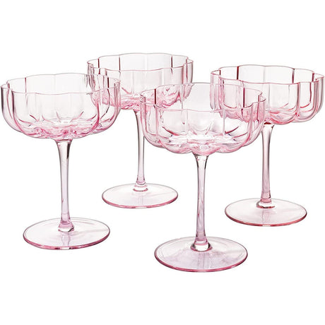 Flower Vintage Wavy Petals Wave Glass Coupes 7oz Colorful Cocktail, - Set of 4 - Rippled & Champagne Glasses, Prosecco, Martini, Mimosa, Cocktail Set, Bar Glassware Copyright & Patent Pending (Pink) by The Wine Savant - Vysn