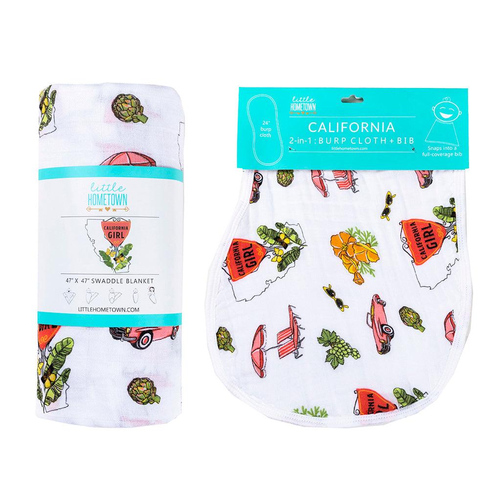 Gift Set: California Girl Muslin Swaddle Blanket and Burp Cloth/Bib Combo by Little Hometown - Vysn