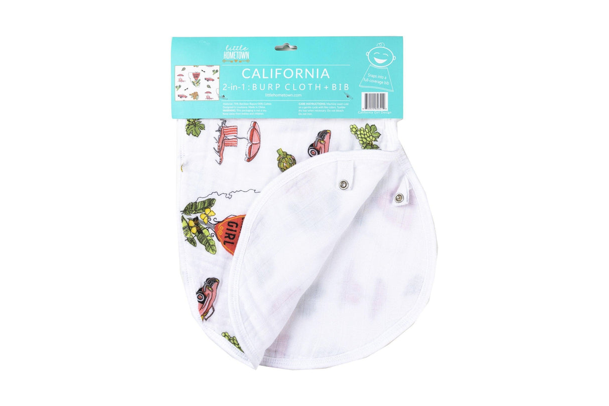 Gift Set: California Girl Muslin Swaddle Blanket and Burp Cloth/Bib Combo by Little Hometown - Vysn