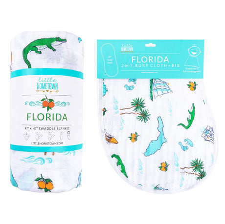 Gift Set: Florida Baby Muslin Swaddle Blanket and Burp Cloth/Bib Combo by Little Hometown - Vysn