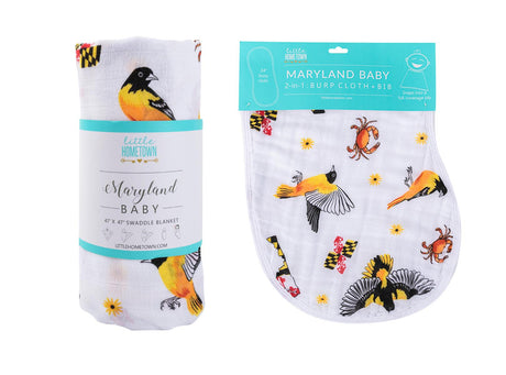 Gift Set: Maryland Baby Muslin Swaddle Blanket and Burp Cloth/Bib Combo by Little Hometown - Vysn