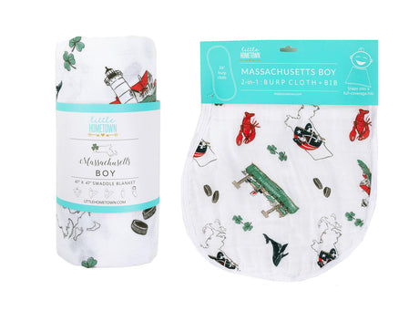 Gift Set: Massachusetts Baby Muslin Swaddle Blanket and Burp Cloth/Bib Combo by Little Hometown - Vysn