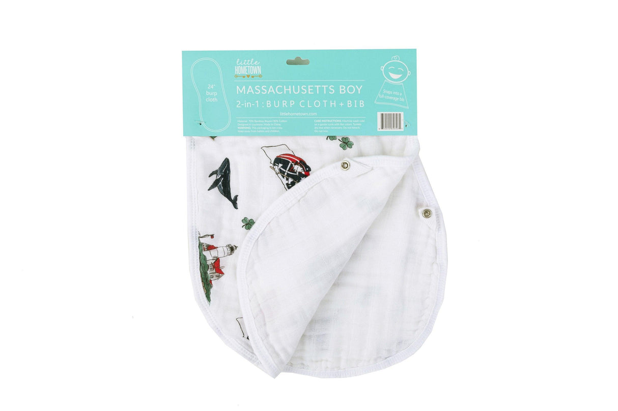 Gift Set: Massachusetts Baby Muslin Swaddle Blanket and Burp Cloth/Bib Combo by Little Hometown - Vysn