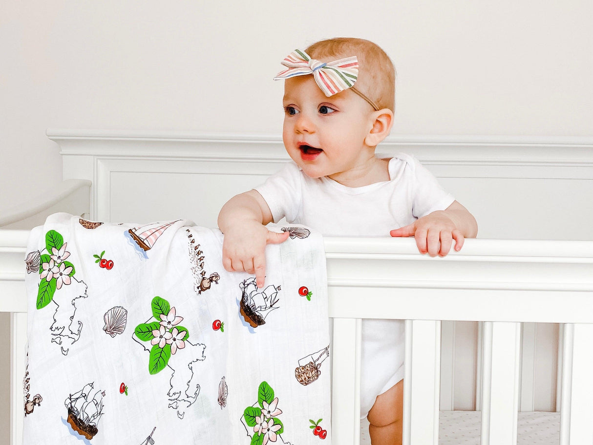 Gift Set: Massachusetts Floral Baby Muslin Swaddle Blanket and Burp Cloth/Bib Combo by Little Hometown - Vysn