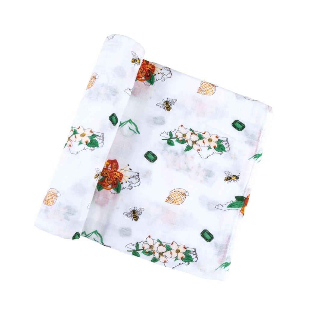 Gift Set: North Carolina Baby Muslin Swaddle Blanket and Burp Cloth/Bib Combo (Floral) by Little Hometown - Vysn