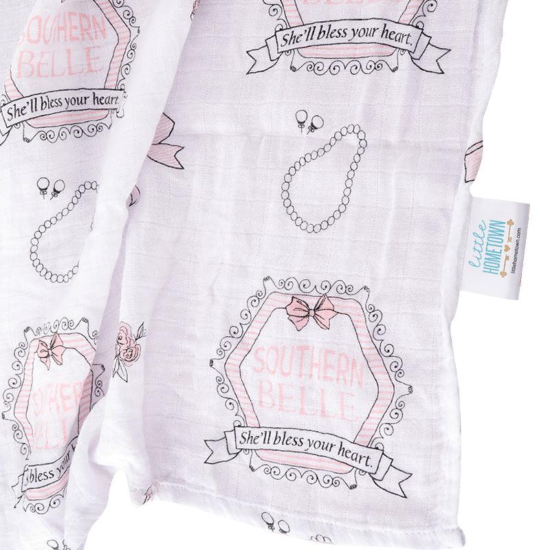 Gift Set: Southern Belle Baby Muslin Swaddle Blanket and Burp Cloth/Bib Combo by Little Hometown - Vysn