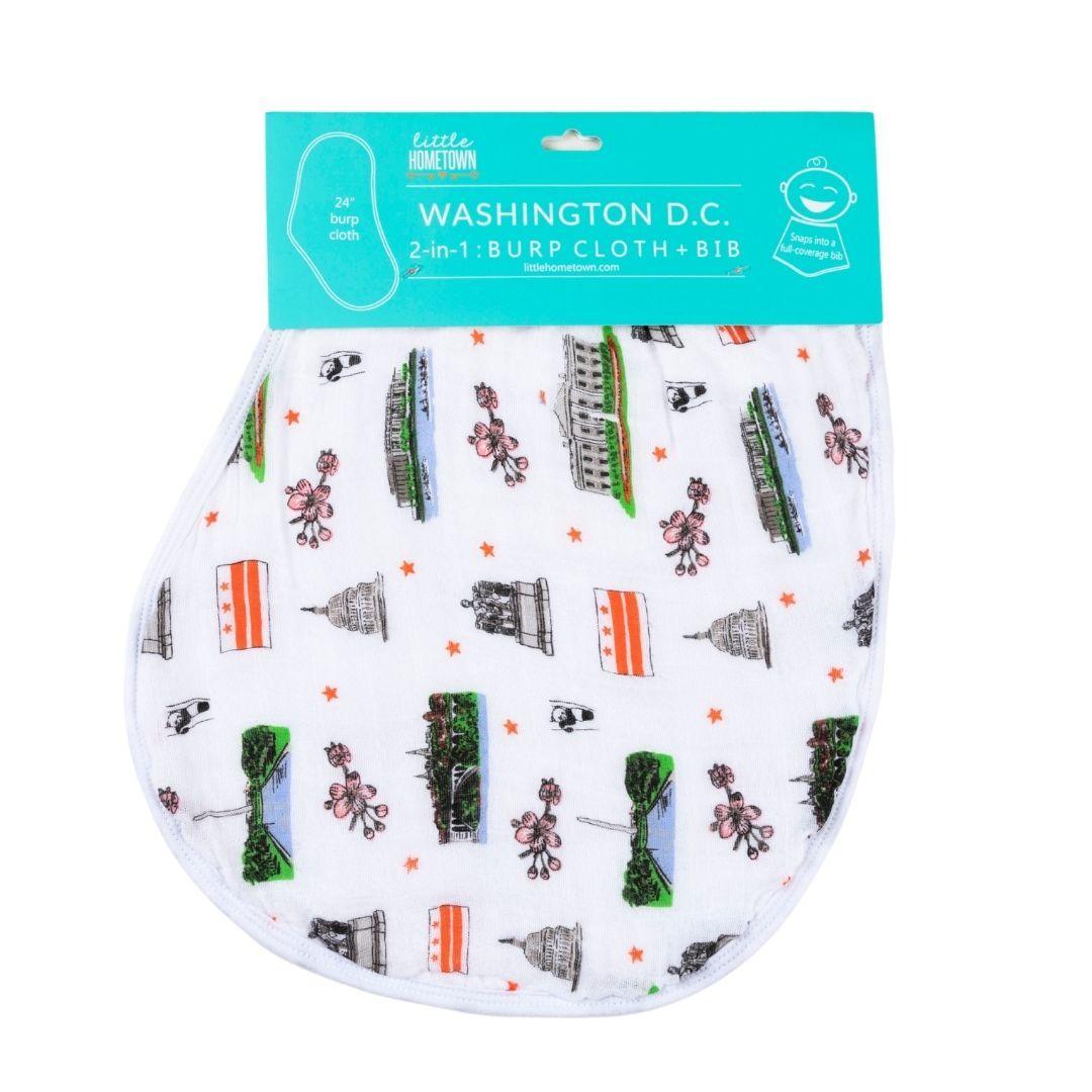 Gift Set: Washington D.C. Baby Muslin Swaddle Blanket and Burp Cloth/Bib Combo by Little Hometown - Vysn