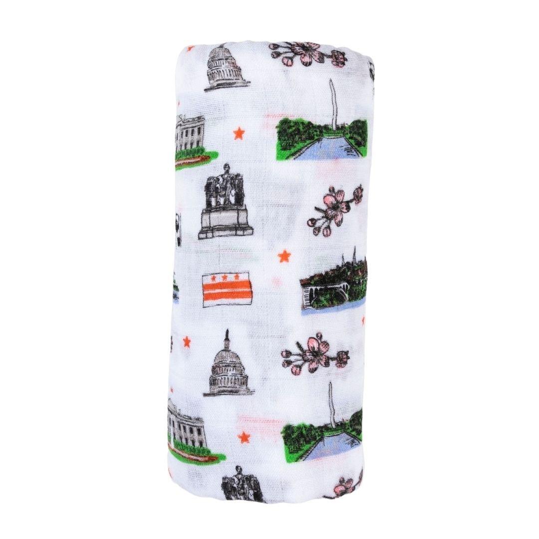 Gift Set: Washington D.C. Baby Muslin Swaddle Blanket and Burp Cloth/Bib Combo by Little Hometown - Vysn