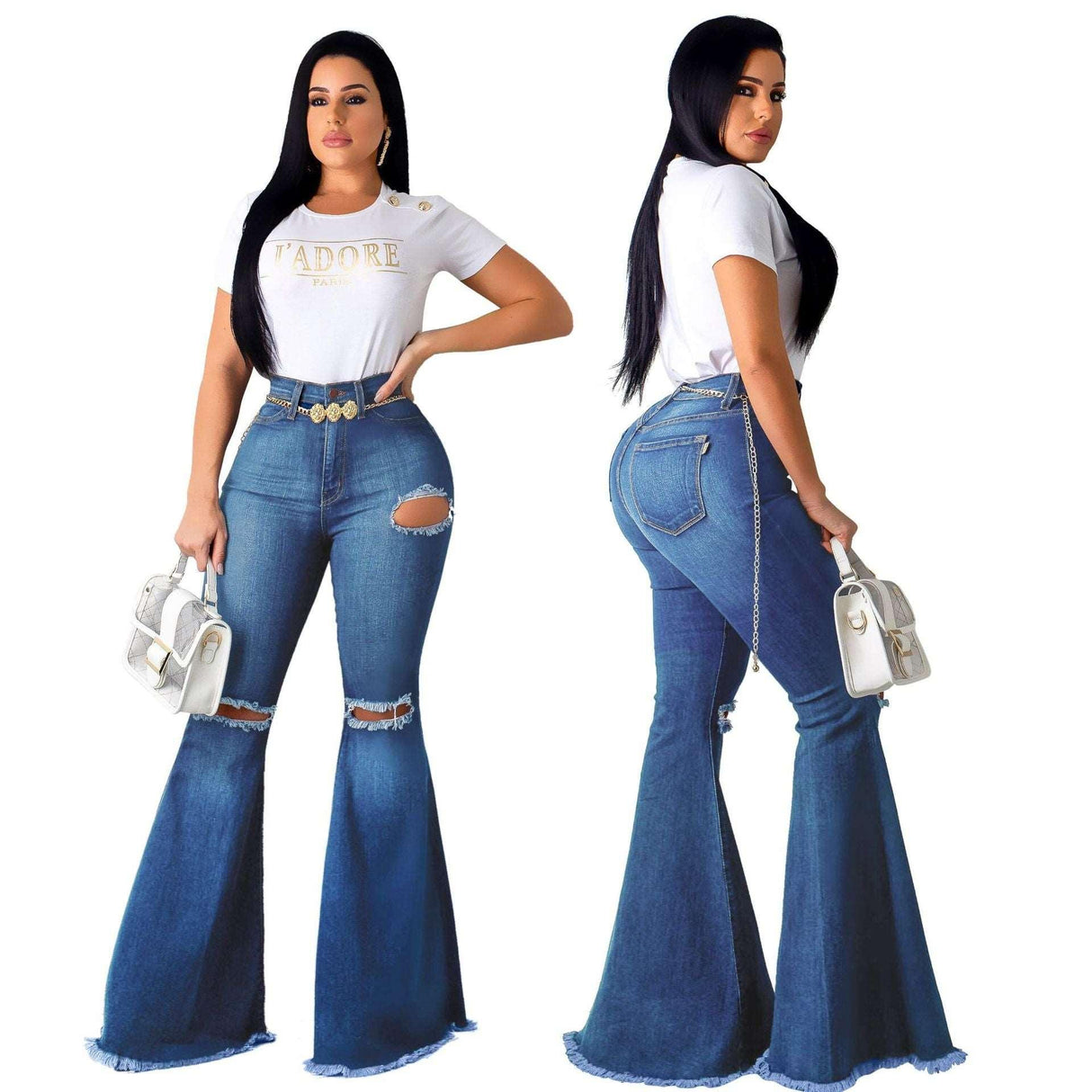 Land of Nostalgia Bell Bottom Wide Leg Knee Ripped Flare Jeans by Land of Nostalgia - Vysn