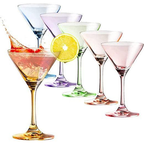 Martini Glasses Set of 6 | 8oz | Crystal Luxury Martini Glass - Elegant Colors - Premium Hand-Blown | Art Deco Cocktail Colored Coupes For Manhattan, Cosmopolitan, Sidecar, Speakeasy - Stemmed Goblets by The Wine Savant - Vysn