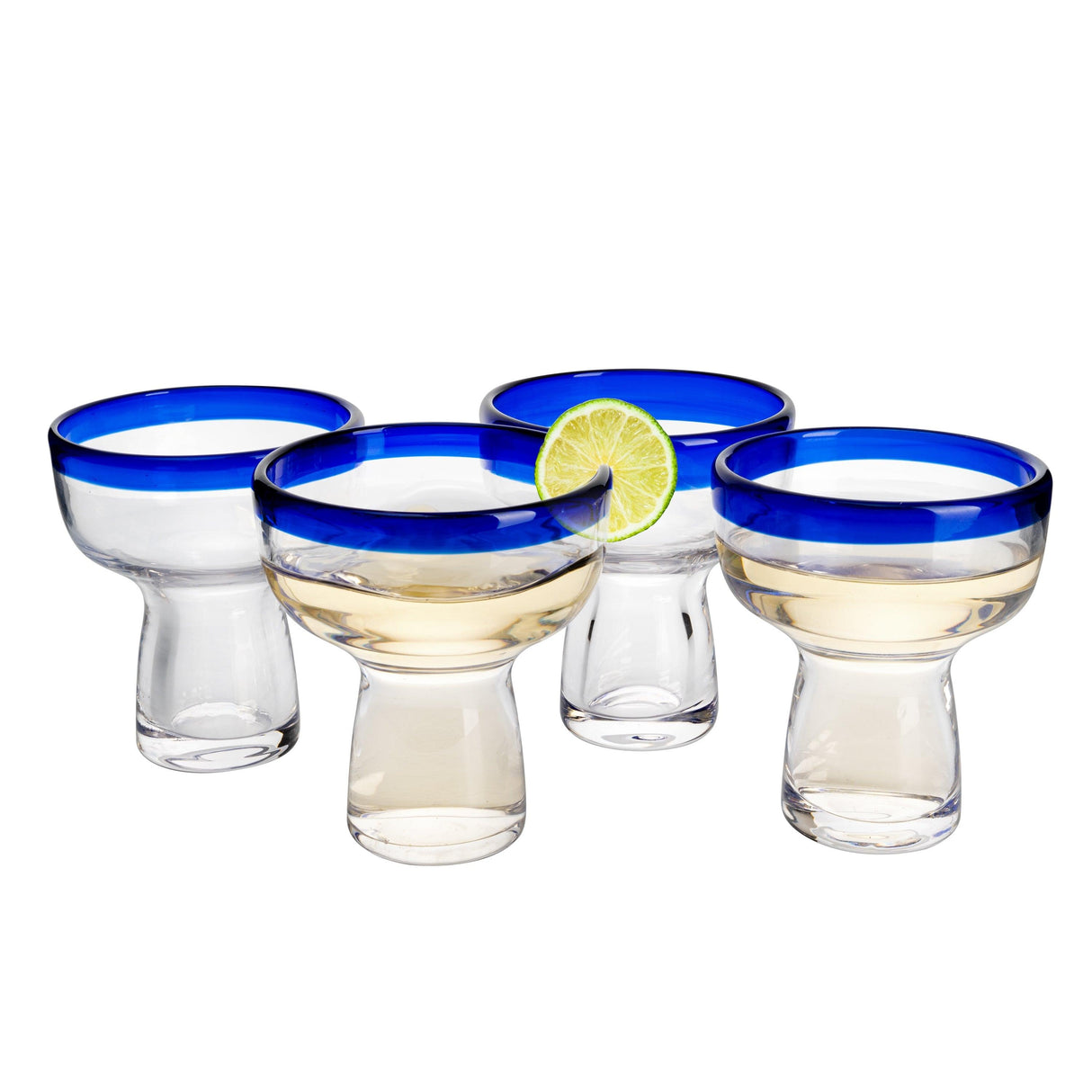 Mexican Hand Blown Blue Rim Margarita Glasses - Set of 4 - Stemless Glass Luxury Hand Blown Mexico Margarita, Martini & Champagne Glasses Cinco de Mayo Glass, Large Party Cobalt Mexico Blue Rim Design by The Wine Savant - Vysn