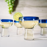 Mexican Hand Blown Blue Rim Margarita Glasses - Set of 4 - Stemless Glass Luxury Hand Blown Mexico Margarita, Martini & Champagne Glasses Cinco de Mayo Glass, Large Party Cobalt Mexico Blue Rim Design by The Wine Savant - Vysn