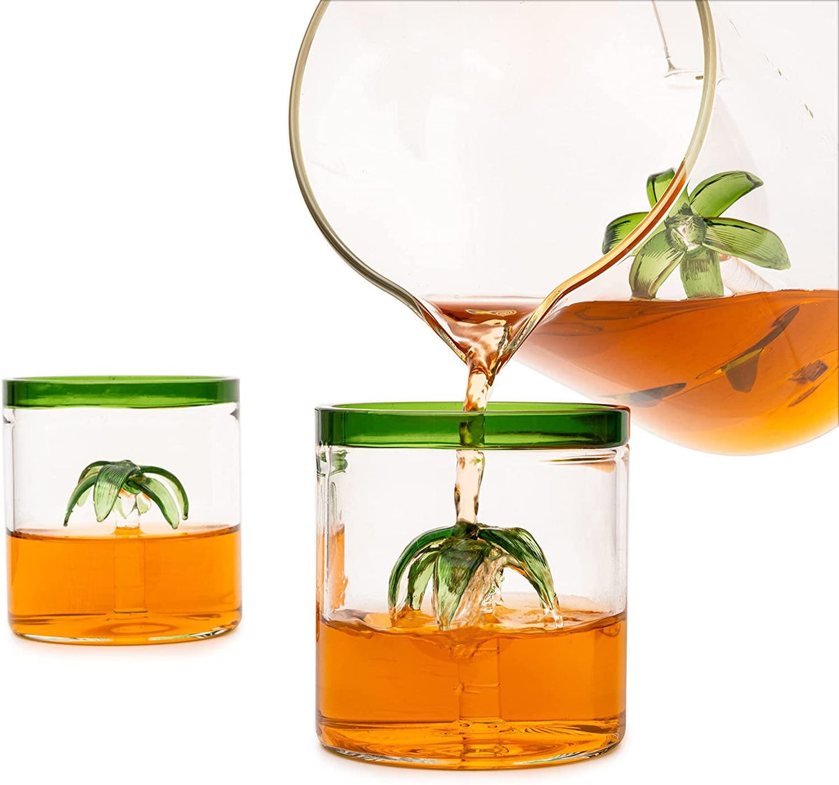 Palm Tree Pitcher & 4 Glasses Set Decanter with 4 Glasses 9oz by The Wine Savant - Elegant Glass Set, Great for Water Iced Tea, Sangria, Lemonade, and More! 1300ml 9" H by The Wine Savant - Vysn