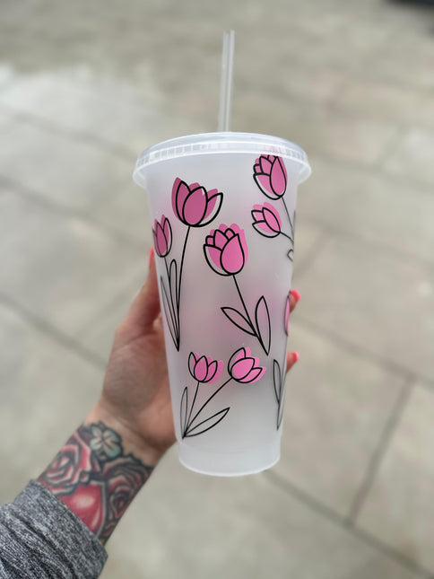 Personalised Name Pink Floral Line Work Tumbler Venti Cold Cup 24oz - With Straw by WinsterCreations™ Official Store - Vysn