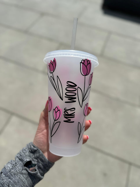 Personalised Name Pink Floral Line Work Tumbler Venti Cold Cup 24oz - With Straw by WinsterCreations™ Official Store - Vysn