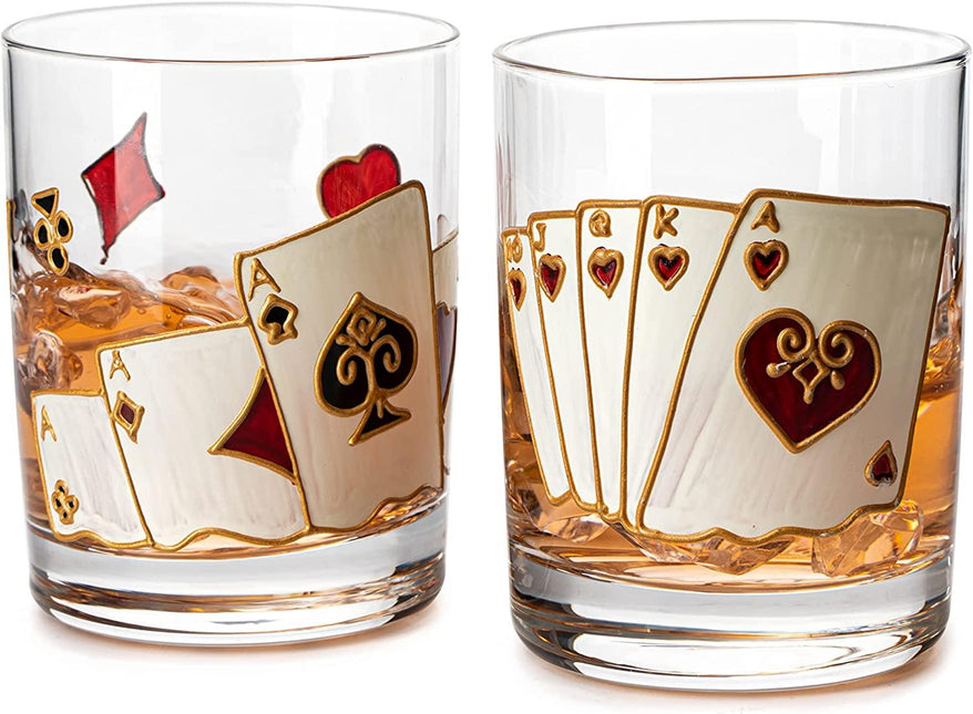 Playing Cards Drinking Glasses - Artisanal Hand Painted Players Casino Set of 2 Water, Wine & Whiskey Glasses - The Wine Savant - Crystal Glassware - Gift Idea for Him, Birthday, Housewarming - 12oz by The Wine Savant - Vysn