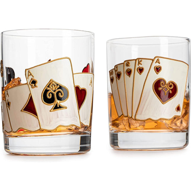Playing Cards Drinking Glasses - Artisanal Hand Painted Players Casino Set of 2 Water, Wine & Whiskey Glasses - The Wine Savant - Crystal Glassware - Gift Idea for Him, Birthday, Housewarming - 12oz by The Wine Savant - Vysn