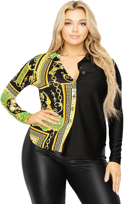 Plus long sleeve gold chain printed shirt - Vysn