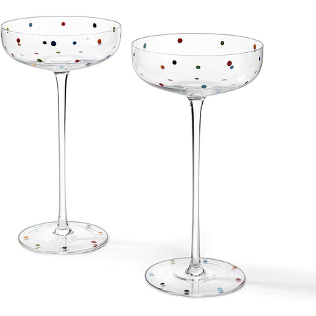 Polka Dot Champagne Coupe Glasses Set of 2 8.8 oz by The Wine Savant - Polka Dot Rainbow Colored Glasses, Cocktail Glassware, Polka Dot Gifts Damien Hirst, Gift Idea For Everyday, Weddings, Parties by The Wine Savant - Vysn