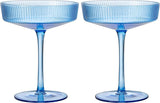 Ribbed Coupe Cocktail Glasses 8 oz | Set of 2 | Classic Manhattan Glasses For Cocktails, Champagne Coupe, Ripple Coupe Glasses, Art Deco Gatsby Vintage, Crystal with Stems (Blue, Set of 2) by The Wine Savant - Vysn