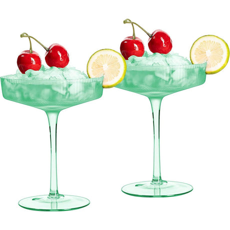 Ribbed Coupe Cocktail Glasses 8 oz | Set of 2 | Classic Manhattan Glasses For Cocktails, Champagne Coupe, Ripple Coupe Glasses, Art Deco Gatsby Vintage, Crystal with Stems (Green, Set of 2) by The Wine Savant - Vysn